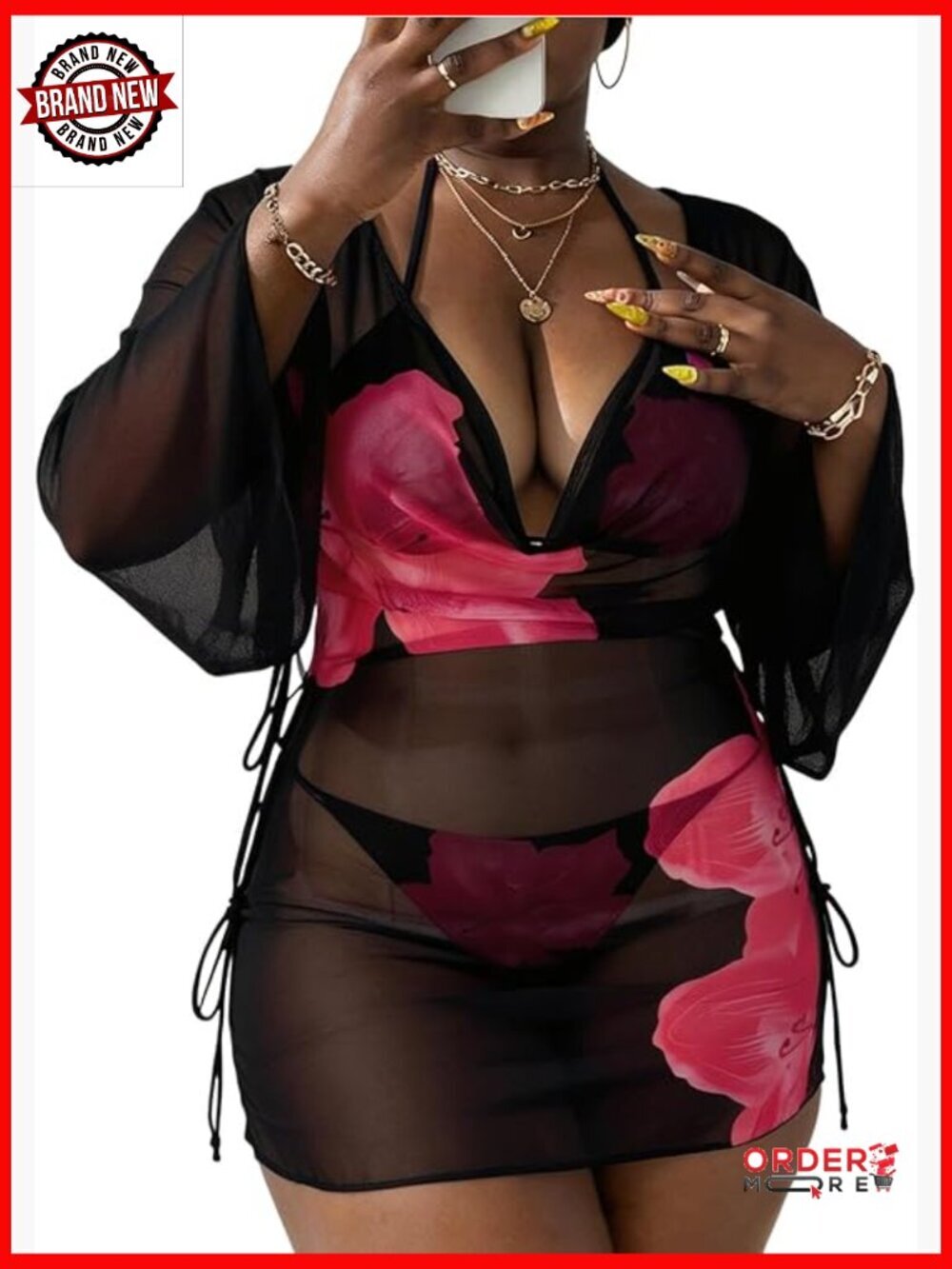 Plus Size Halter String Triangle 3 Piece Bikini Set with Cover Up